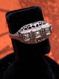 Antique 18kt Gold And  3 Diamond Filigree Ring
