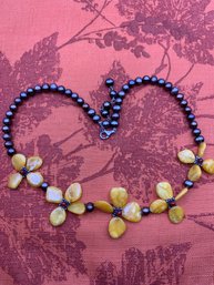 Unusual Pearl Amber And Carnelian Flower Necklace