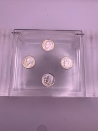 Mid Century Lucite Box With 4 1959 Silver Dimes