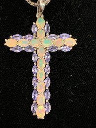 Stunning Opal And Tanzanite Sterling Silver Cross