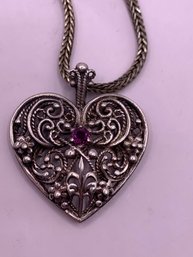 Lovely Sterling Silver Filigree Heart With A Ruby Necklace