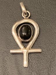 Sterling Silver And Onyx  Egyptian Ankh Pendant