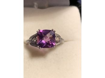 Stunning Amethyst And Diamond 14kt White Gold Ring