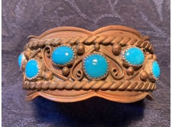Vintage Navajo Copper Sterling And Turquoise Cuff