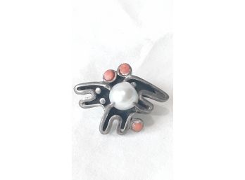 Mid Century Modern Mexican Sterling Silver Tie Tack W/ Pearl & Coral