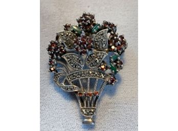 Sterling Marcasite And Garnet Bouquet Of Flowers Pin