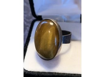 Mid Century Sterling Silver And Tigers Eye Large Ring