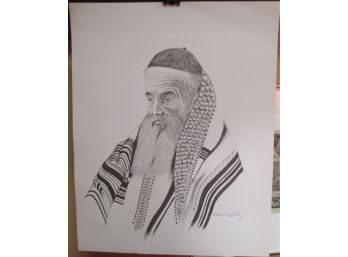 Rabbi In Tallit Lithograph By Long Island Artist Nesa Treibitz