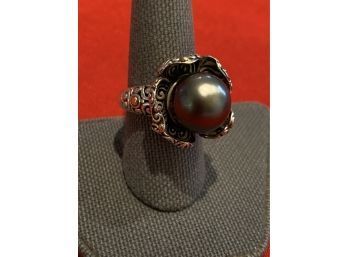 Fabulous Sterling Silver 18kt Gold Pearl Flower  Ring
