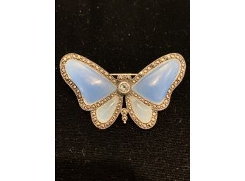 Gorgeous Blue Agate Sterling Marcasite Butterfly Pin