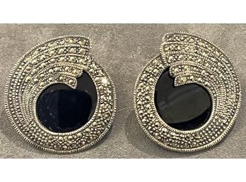 Beautiful Art Deco Sterling Silver Earrings With Huge Onyx And Marcasites