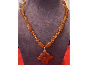 Lovely Sterling Silver Necklace With Amber & Carnelian