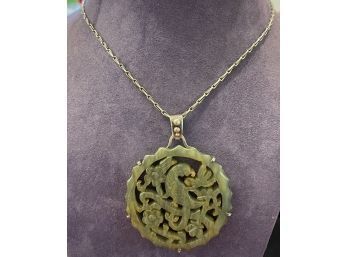 Vintage Hand Carved Jade Pendant Surrounded By Sterling Silver On Silver Chain