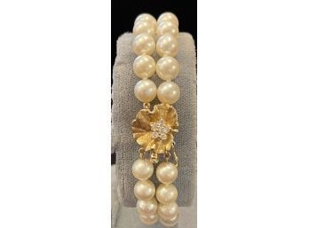 Beautiful Double Strand Pearl Bracelet With 14k Gold Clasp And Diamonds