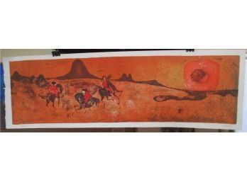 Asian Style Modern Art Lithograph Three Horseback Riders Into The Sunset