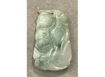 Lovely Hand Carved Jade Pendant With 14k Gold Bale