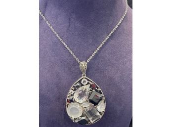 Beautiful Statement Sterling Silver Pendant With Marcasite, Rock Crystal, MOP And Hematite Pendant