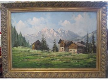 Pastoral European Mountain Landscape Painting Possibly Signed Lini?