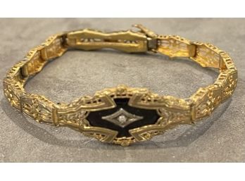 Antique Filigree Gold Filled Bracelet With Onyx And Center Diamond