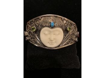 Sterling Carved Bone Moon Face Gemstone Bracelet