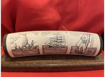 Gorgeous Scrimshaw Carved Tusk On Stand Signed
