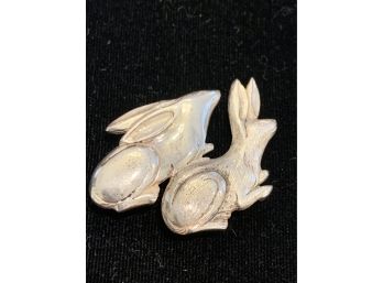 Sterling Silver Artisan Signed Bunny Rabbits Pin
