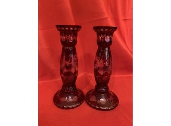 Antique Bohemian Ruby Glass Candle Sticks