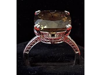 Beautiful Sterling Silver & Smoky Topaz Quartz Faceted Cocktail Ring Size 9