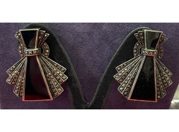 Fantastic Art Deco Sterling Silver Earrings With Marcasites & Black Onyx