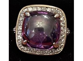 Exquisite Cabochon Amethyst Set In Vermeil Sterling Silver With Austrian Crystals Size 7