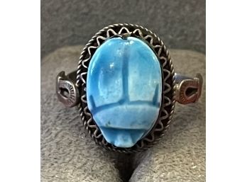 Divine Faience Scarab Set In Sterling Silver Ring Size 10