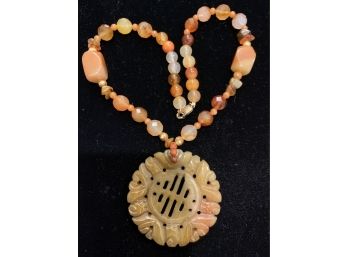 Large Carved Jade With Carnelian Beads