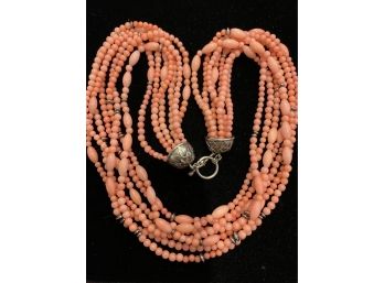Gorgeous 7 Strand Coral And Sterling Necklace