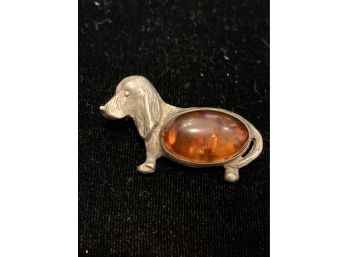 Adorable Sterling Amber Dog Brooch Pin