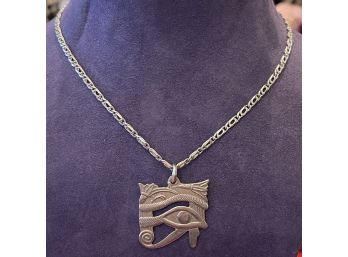 Unusual Egyptian Eye Of Horus Pendant In Sterling Silver On A Figaro Chain