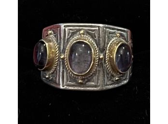 Beautiful Sterling Silver Ring With Bezel Cabochon Amethysts Set In Gold Size 9
