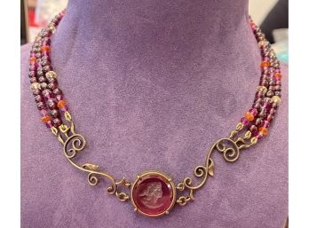 Fabulous Garnet & Austrian Crystal Necklace With Intaglio Center Pendant