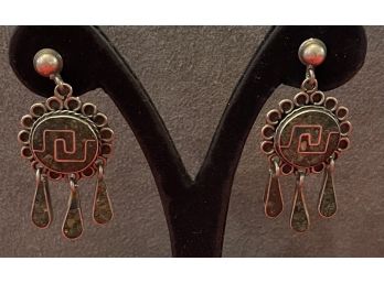 Beautiful Taxco Mexico Crushed Green Turquoise & Sterling Silver Screw Back Earrings