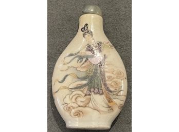 Asian Porcelain Snuff Bottle With Jade Top