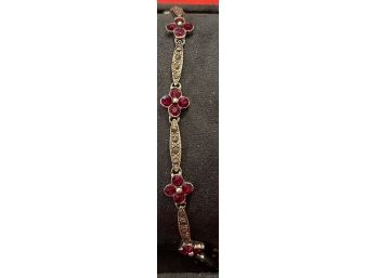 Splendid Sterling Silver & Marcasite Bracelet With Red Crystal Flowers