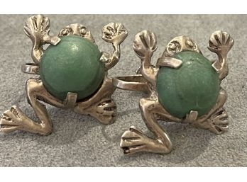 Adorable Mexico Sterling Silver Frog Screw Back Earrings With Cabochon Green Jade