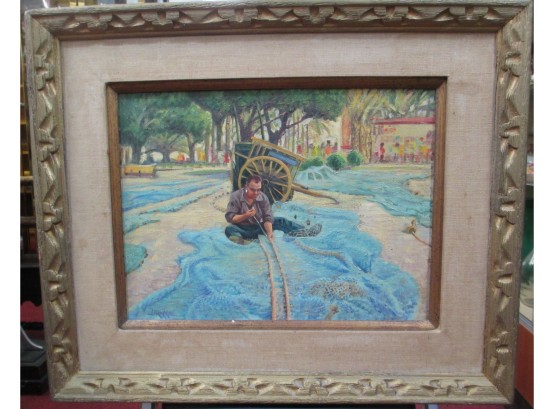 Drake Signed Fisherman In Lake With Net Oil Painting