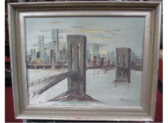 Oil Painting New York City Skyline And Bridge Signed Martin
