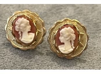 Antique Cameo Earrings Set In Gold Tone Metal
