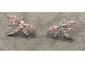 Beautiful Sterling Silver Dragonfly Earrings With Pink And Clear Crystals