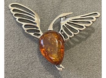 Pretty Sterling Silver Bird With An Amber Body