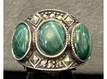 Splendid Sterling Silver Ring Set With 3 Cabochon Malachite With Marcasites Size 7