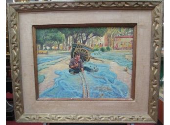 Drake Signed Fisherman In Lake With Net Oil Painting