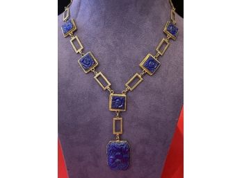 Stunning 1920s Czech Cobalt Blue Glass Floral Necklace Pendant