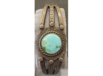 Lovely Native American Turquouise Cuff Bracelet Set In Sterling Silver